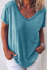 Solid Color Casual V-neck Short Sleeves T-shirt