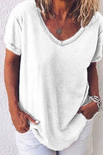 Solid Color Casual V-neck Short Sleeves T-shirt