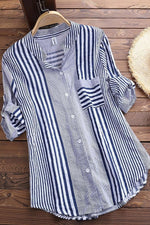 Stripe Print Stand Collar 3/4 Sleeves Blouse