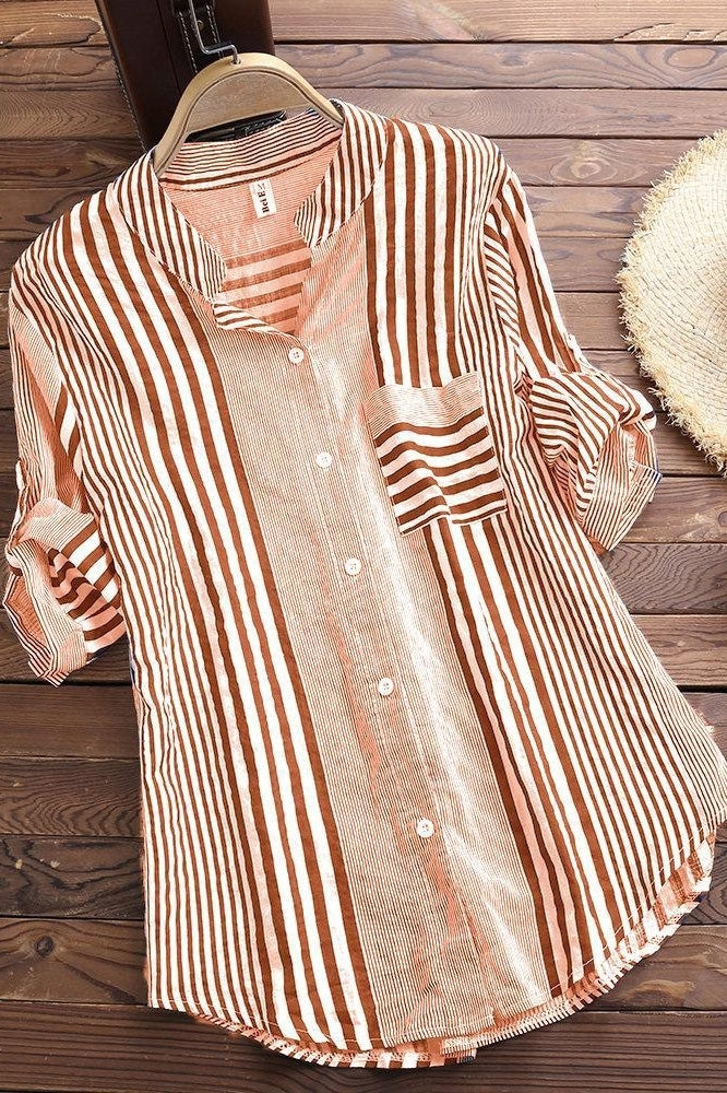 Stripe Print Stand Collar 3/4 Sleeves Blouse