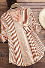 Stripe Print Stand Collar 3/4 Sleeves Blouse