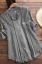 Stripe Print Stand Collar 3/4 Sleeves Blouse