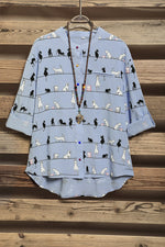 Cute Cat Print High Neck Short Sleeves Single Breasted Shirt