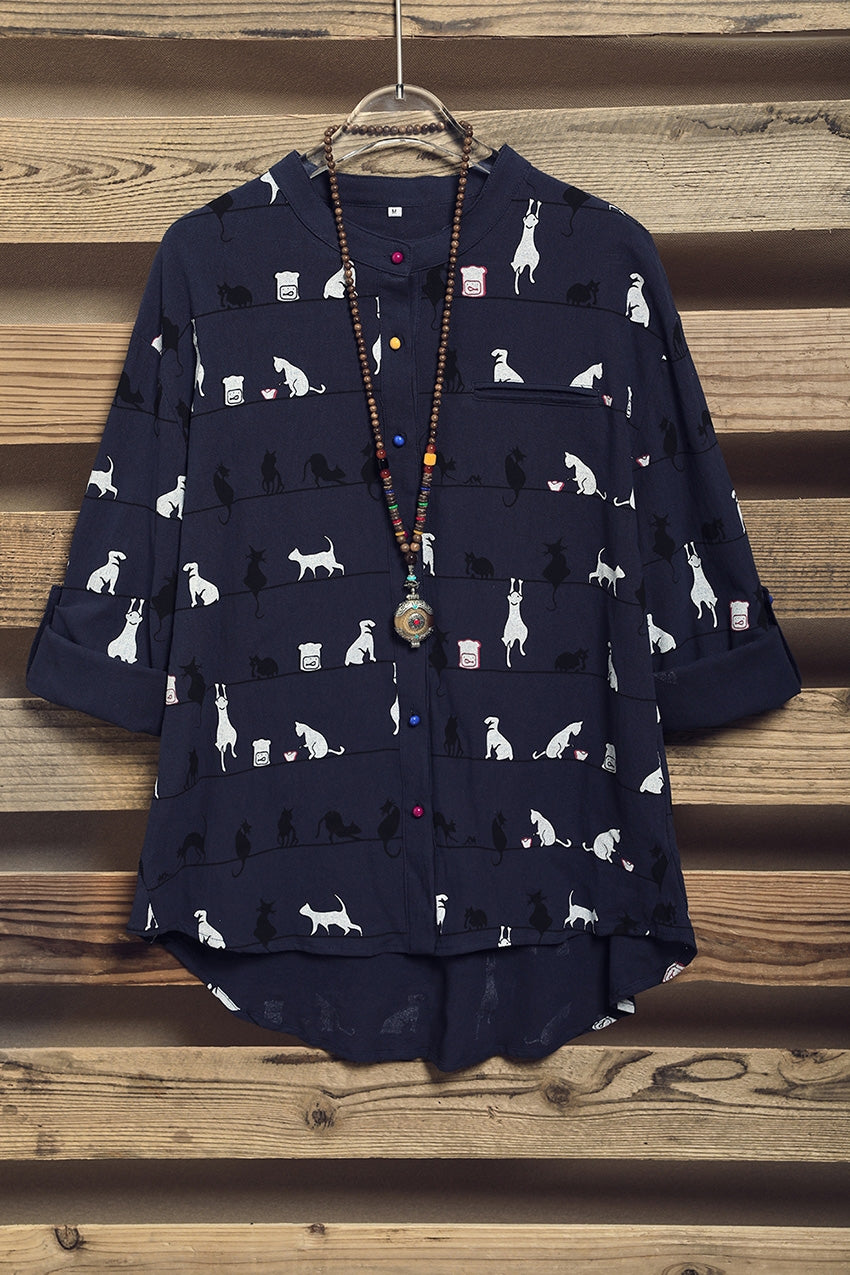 Cute Cat Print High Neck Short Sleeves Single Breasted Shirt