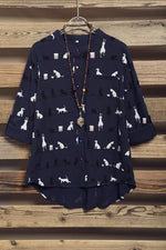 Cute Cat Print High Neck Short Sleeves Single Breasted Shirt