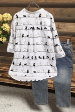 Cute Cat Print High Neck Short Sleeves Single Breasted Shirt