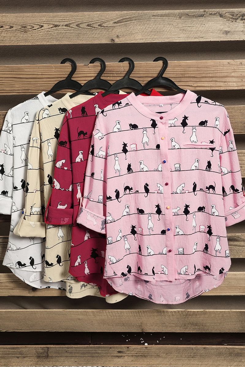 Cute Cat Print High Neck Short Sleeves Single Breasted Shirt