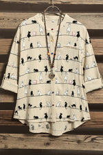 Cute Cat Print High Neck Short Sleeves Single Breasted Shirt