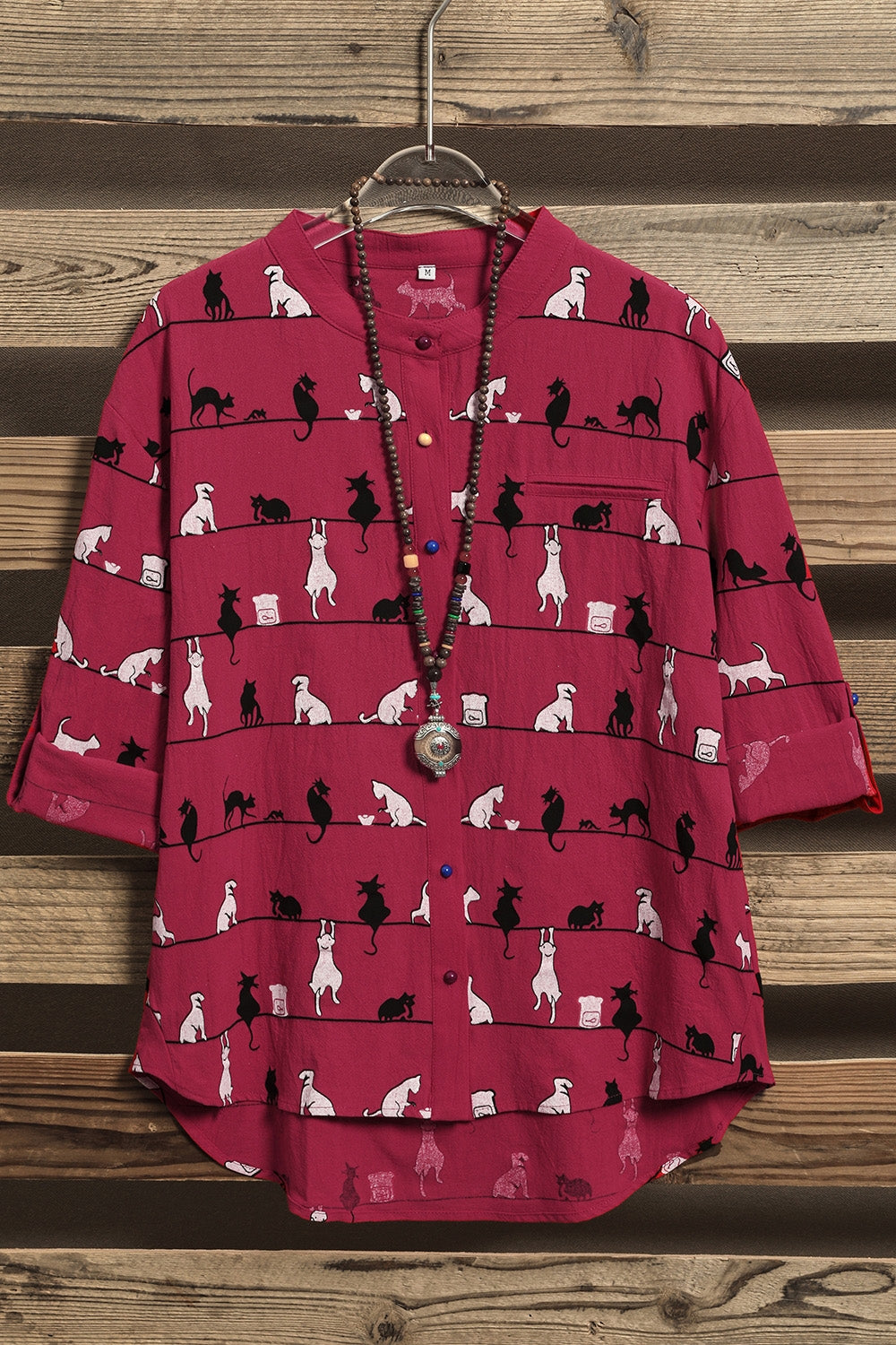 Cute Cat Print High Neck Short Sleeves Single Breasted Shirt