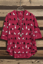 Cute Cat Print High Neck Short Sleeves Single Breasted Shirt