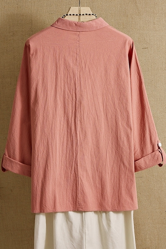 Solid Color with Pockets V-neck Long Sleeves Blouse