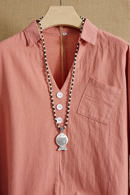 Solid Color with Pockets V-neck Long Sleeves Blouse