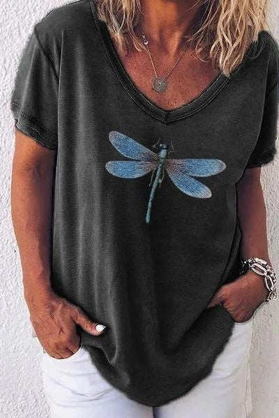 Dragonfly Print V-neck Short Sleeves T-shirt