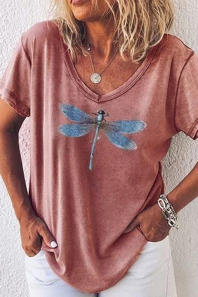 Dragonfly Print V-neck Short Sleeves T-shirt