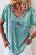 Dragonfly Print V-neck Short Sleeves T-shirt