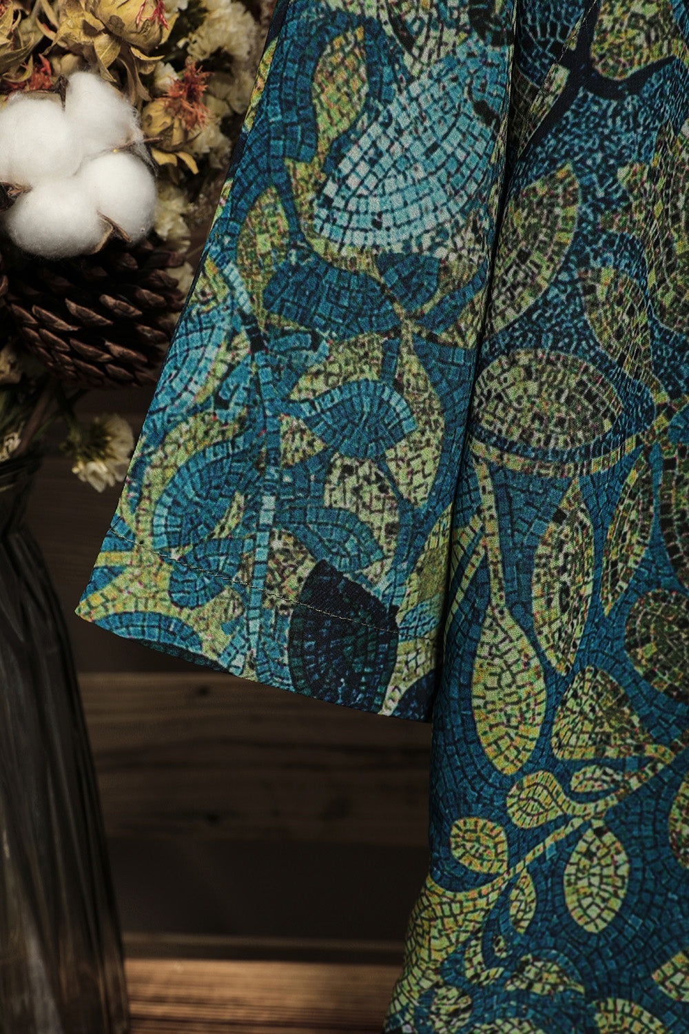 Leaf Print Round Neck Half Sleeves Blouse