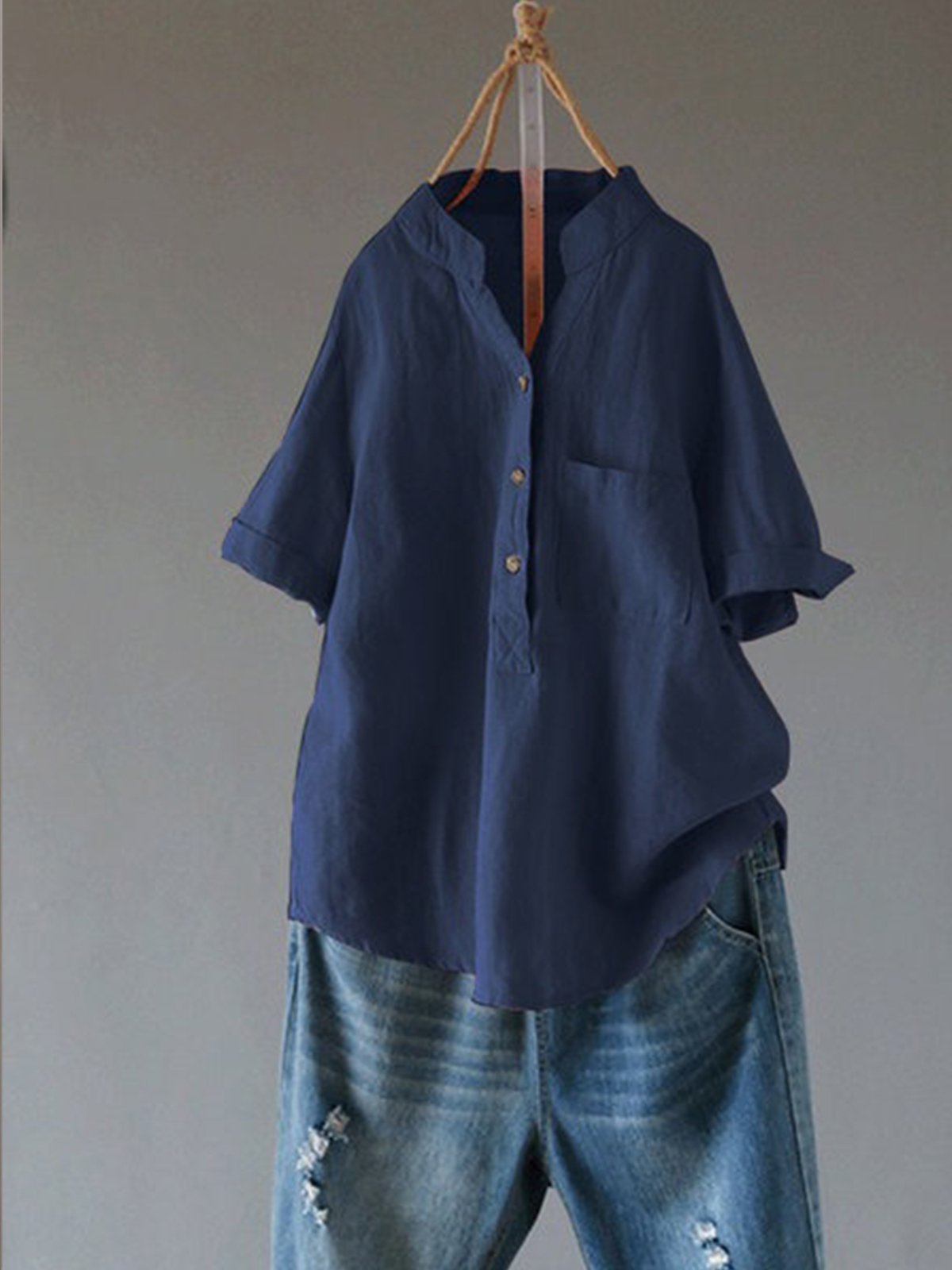 Women's V-neck Solid Color Buttons Short Sleeves Shirt