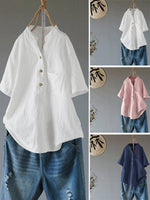 Women's V-neck Solid Color Buttons Short Sleeves Shirt