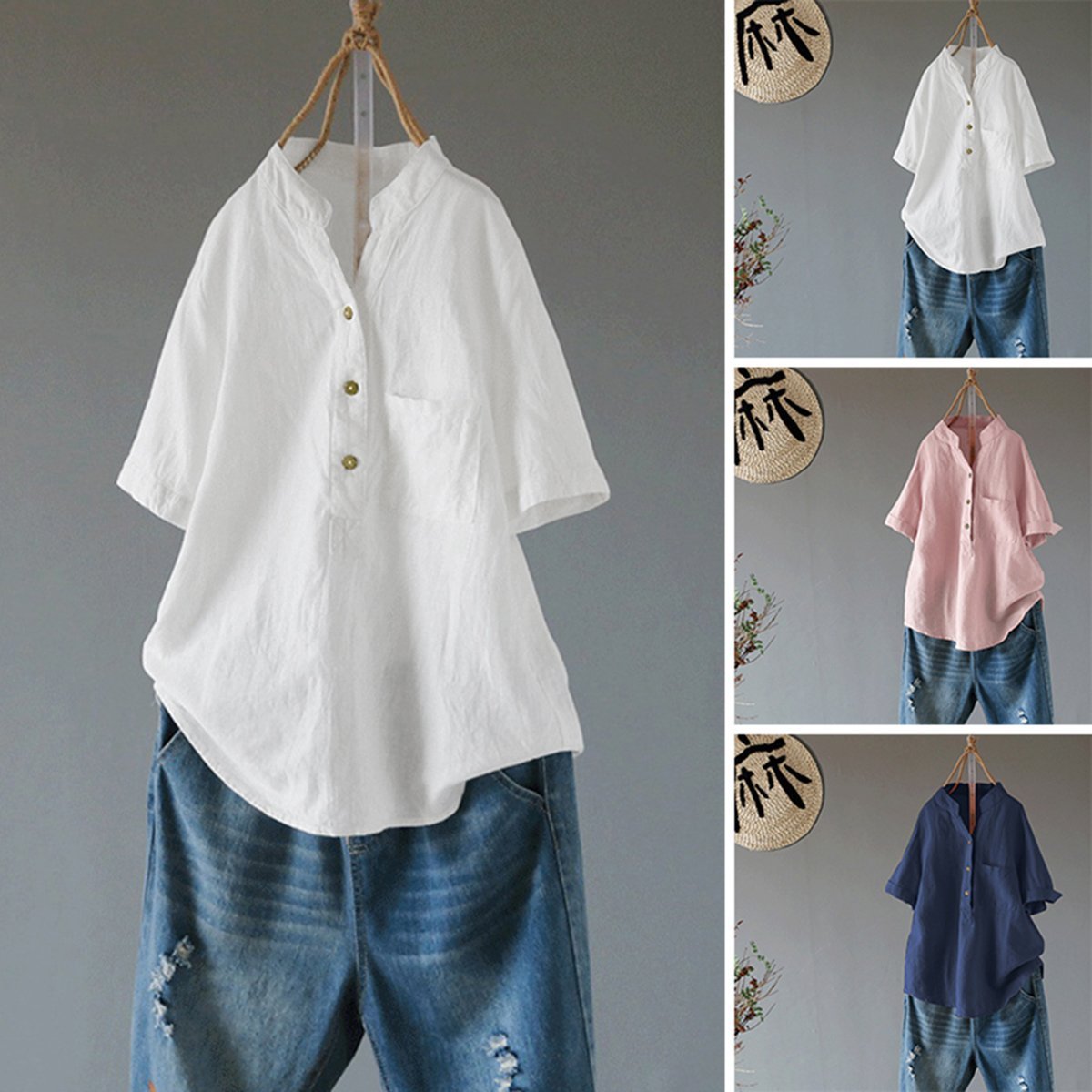 Women's V-neck Solid Color Buttons Short Sleeves Shirt