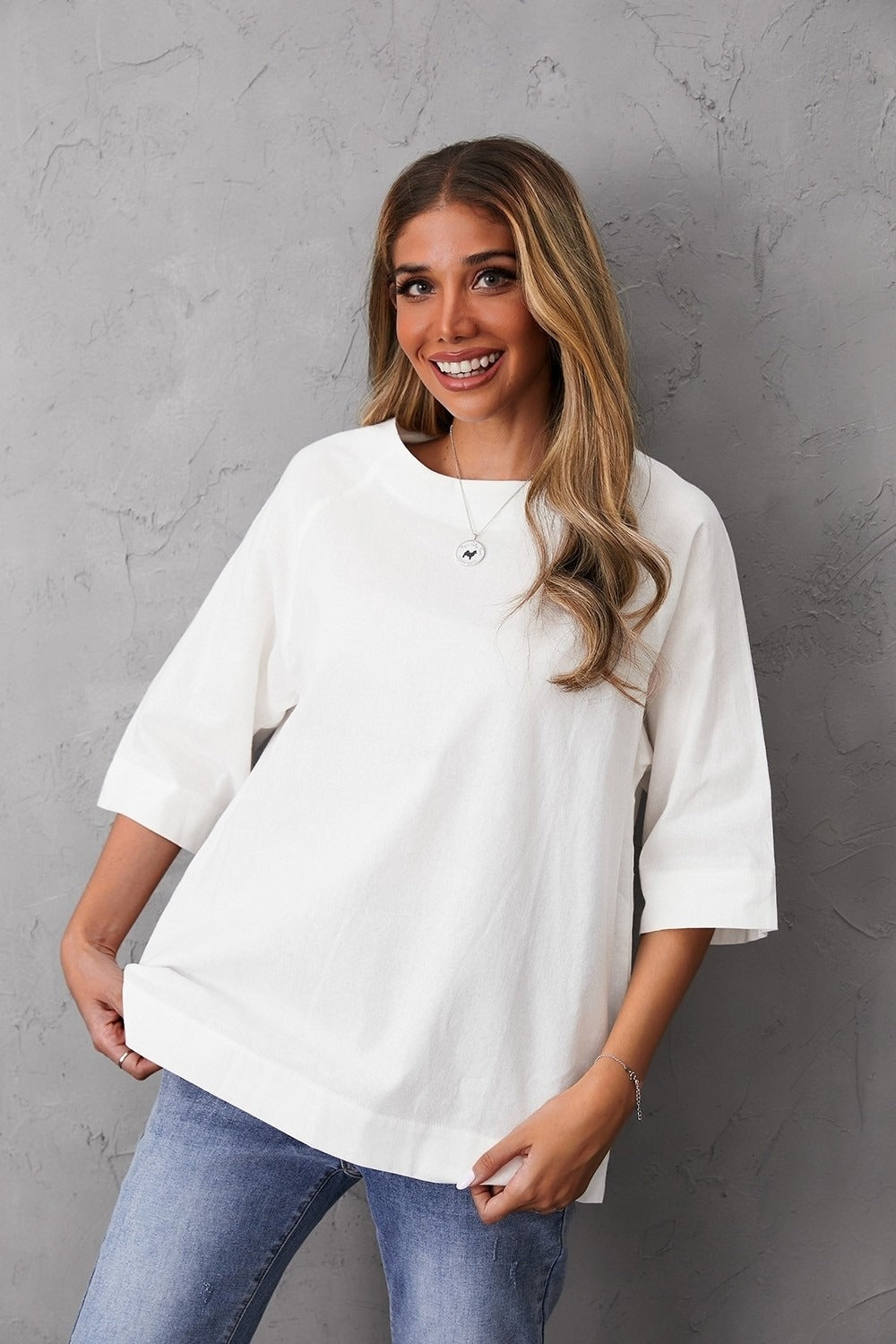 Women's Round Neck Solid Color Half Sleeves Blouse