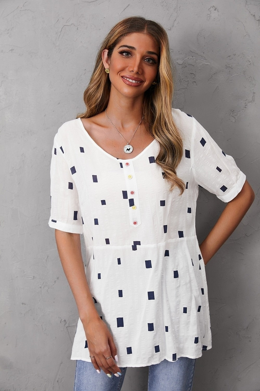 Women's Round Neck Geometric Print Short Sleeves T-shirt