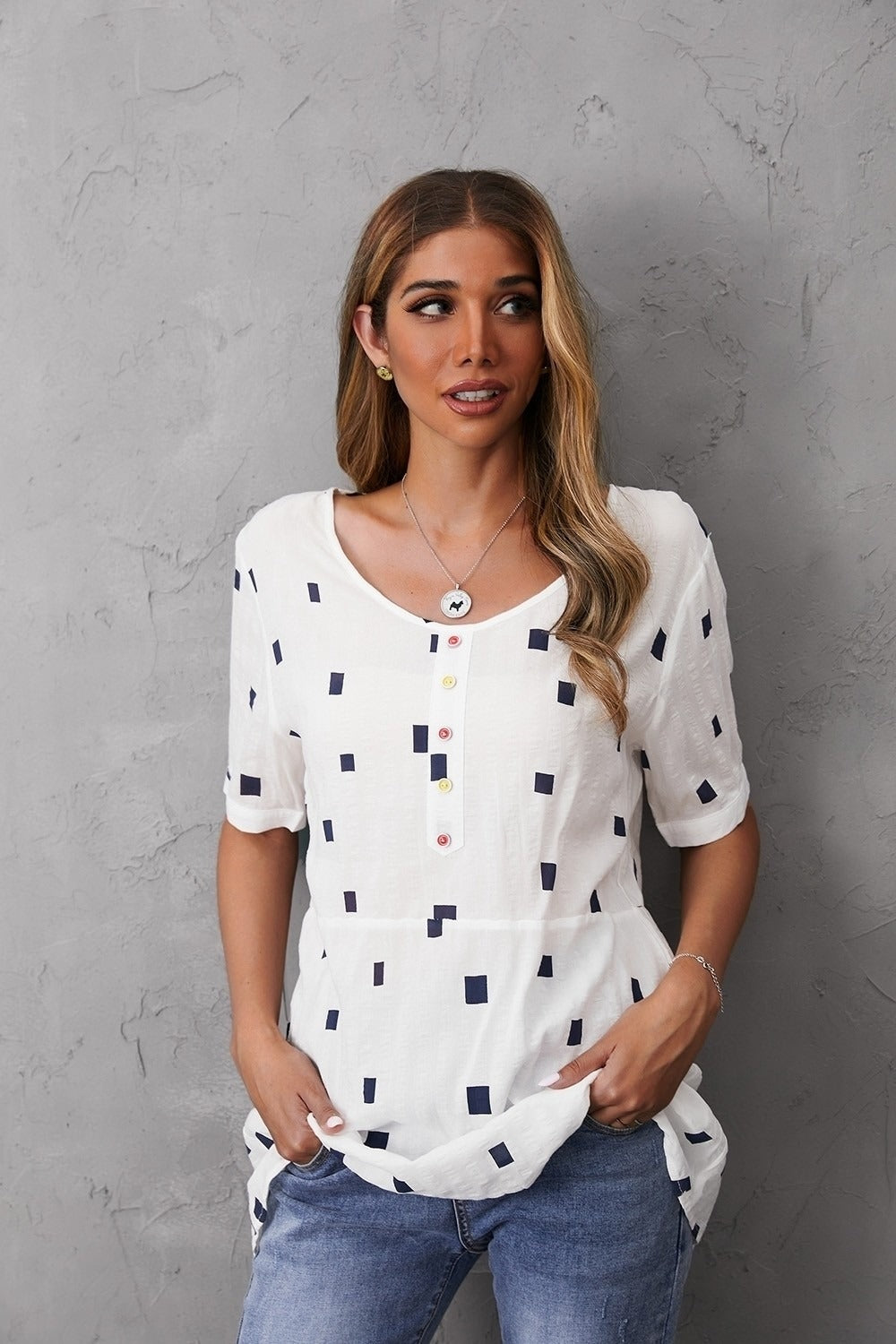 Women's Round Neck Geometric Print Short Sleeves T-shirt