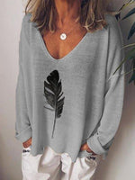 Women's V-neck Feather Print Long Sleeves Blouse