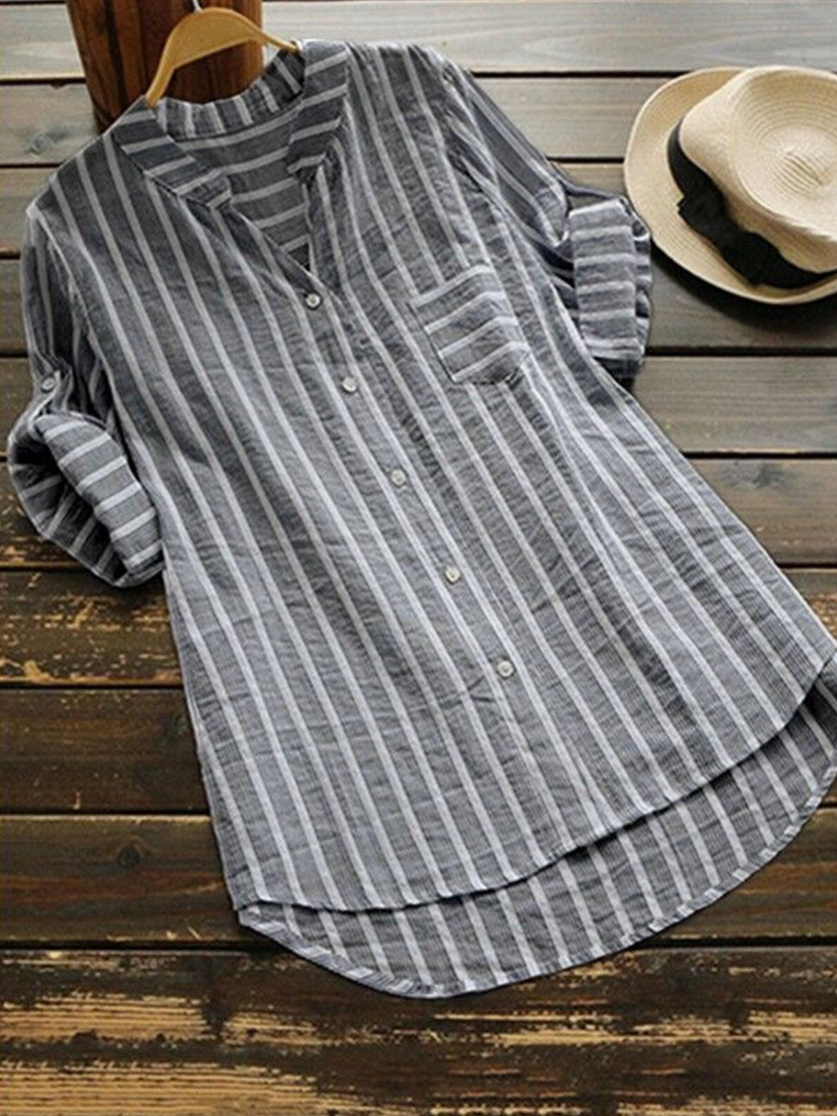 Women's V-neck Stripe Pockets Half Sleeves Blouse