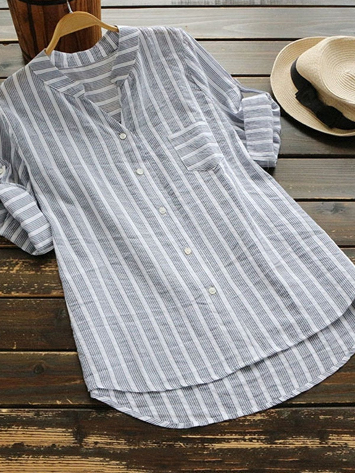 Women's V-neck Stripe Pockets Half Sleeves Blouse