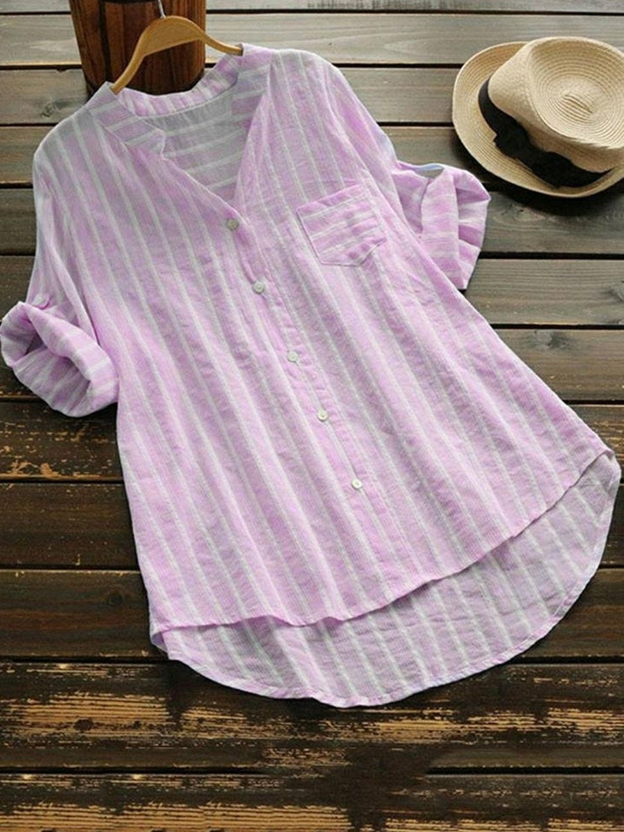 Women's V-neck Stripe Pockets Half Sleeves Blouse