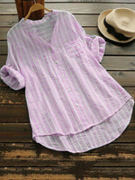 Women's V-neck Stripe Pockets Half Sleeves Blouse