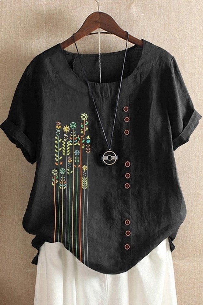 Women's Round Neck Floral Print Short Sleeves T-shirt