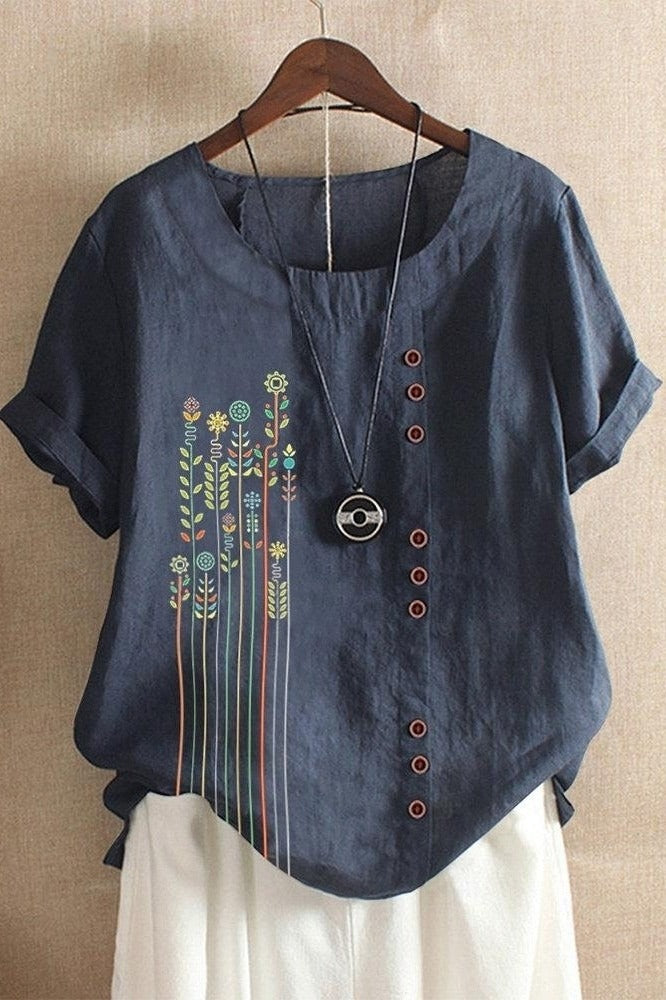 Women's Round Neck Floral Print Short Sleeves T-shirt