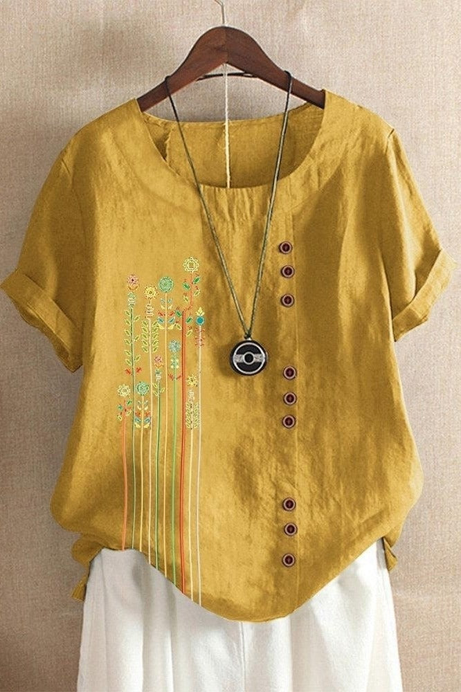 Women's Round Neck Floral Print Short Sleeves T-shirt