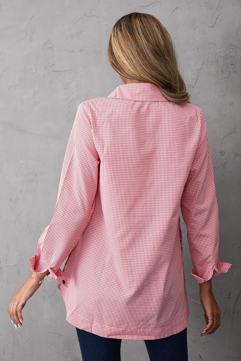 Women's Collared Neck Plaid Buttons Long Sleeves Shirt