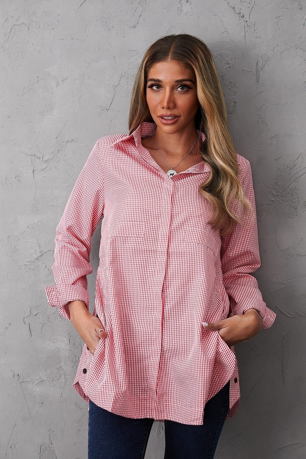 Women's Collared Neck Plaid Buttons Long Sleeves Shirt