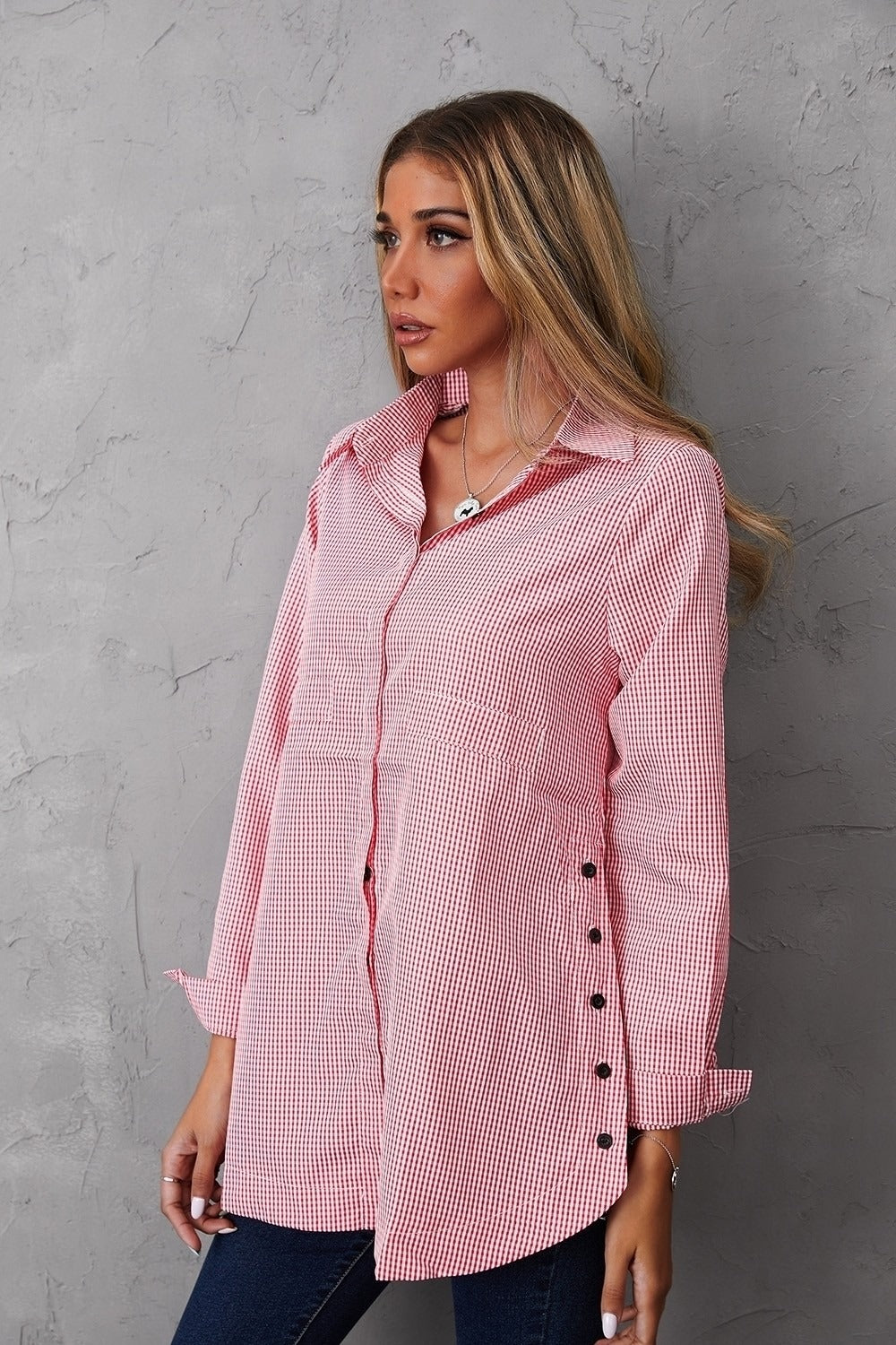 Women's Collared Neck Plaid Buttons Long Sleeves Shirt