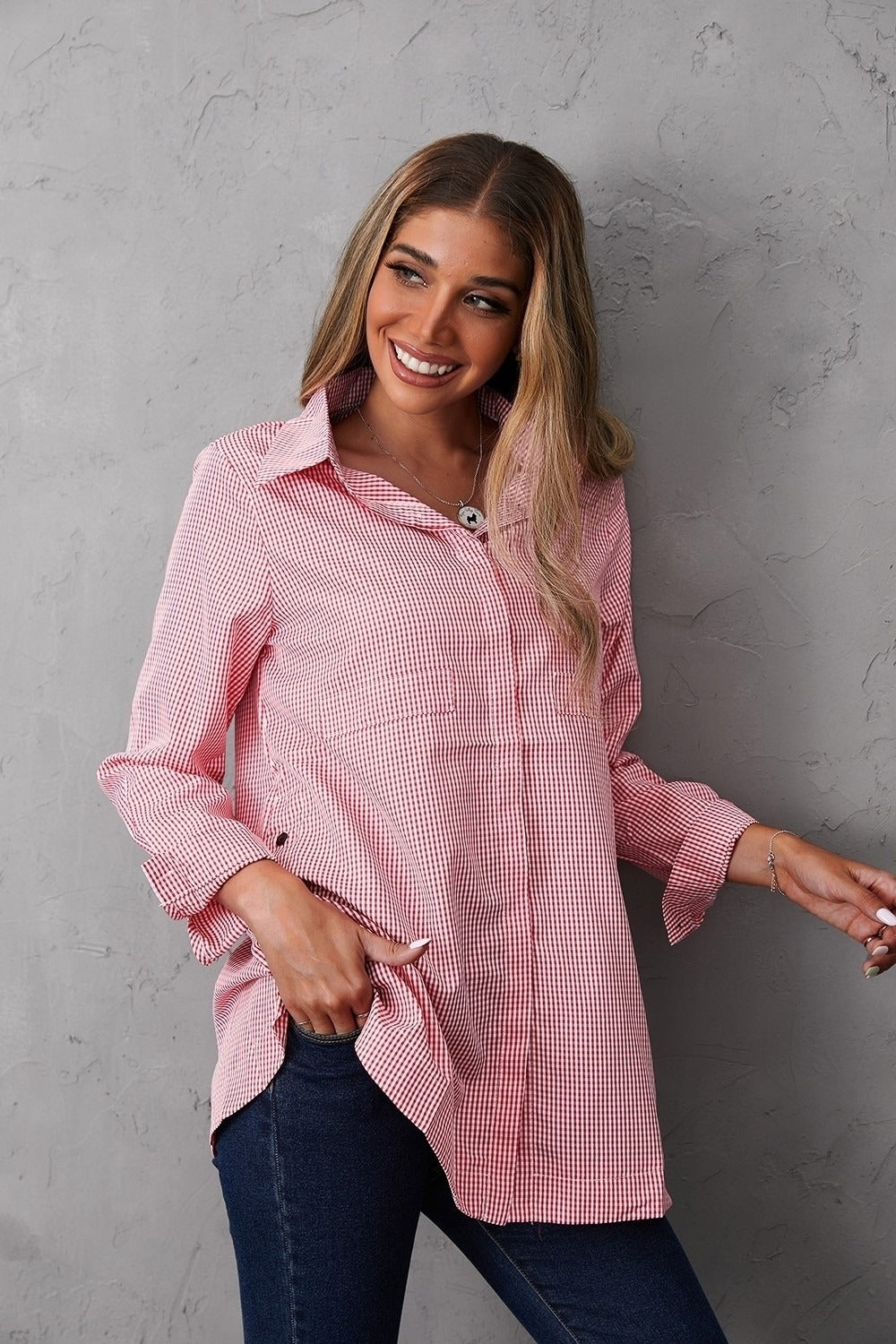 Women's Collared Neck Plaid Buttons Long Sleeves Shirt