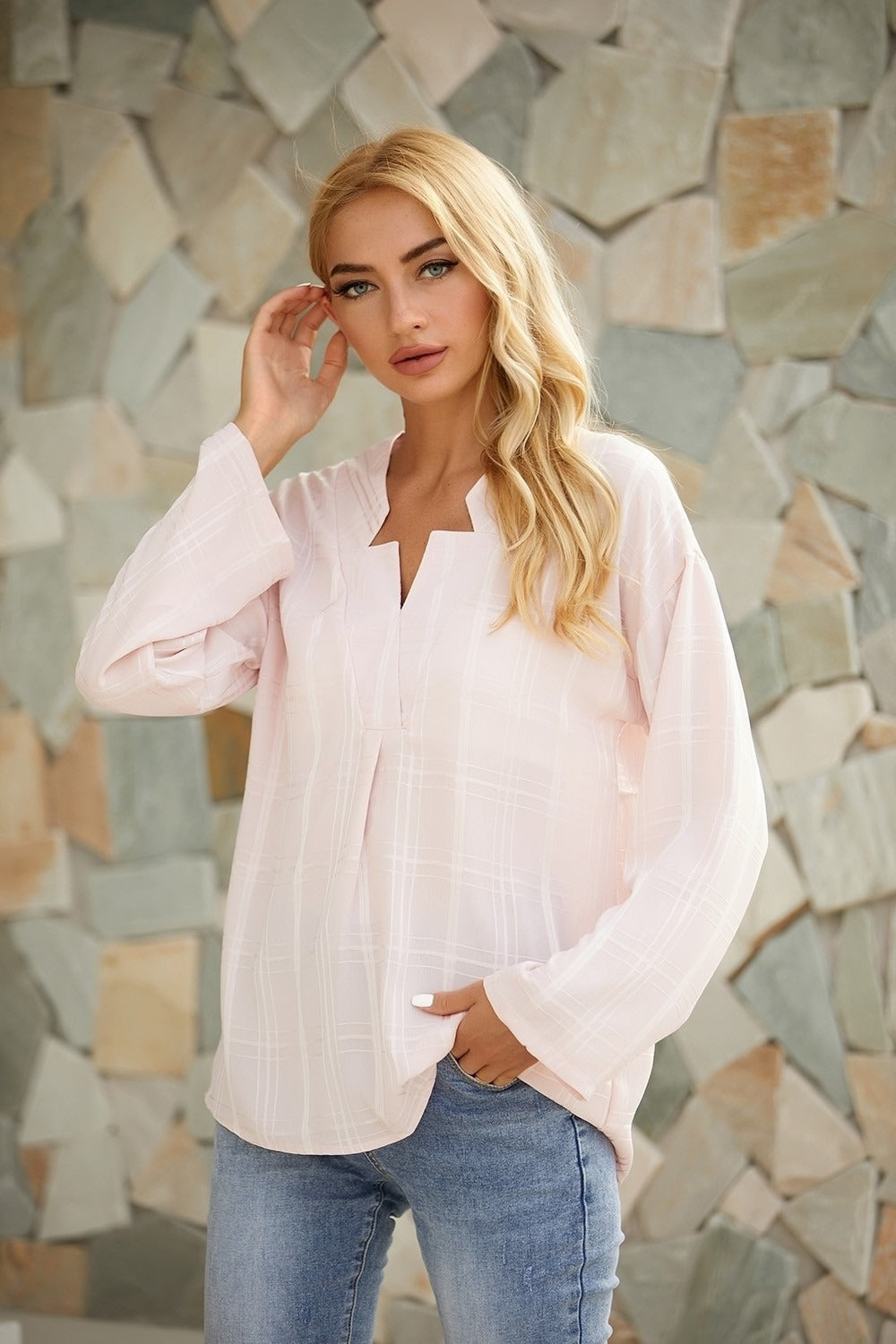 Solid Color Casual V-neck Long Sleeves Blouse