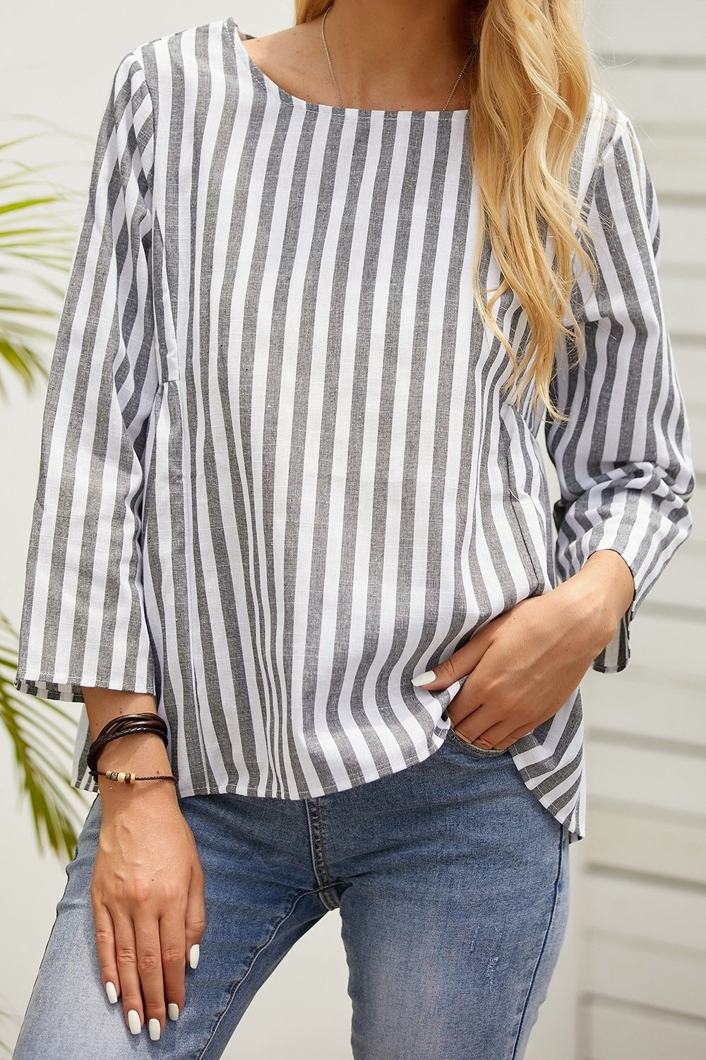 Stripe Print Round Neck 3/4 Sleeves Shirts & Tops