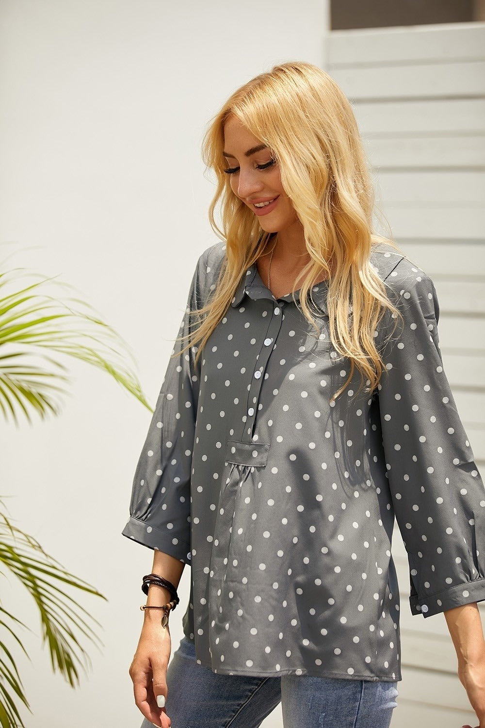 Polka Dot Print Collared Neckline Long Sleeves Shirt