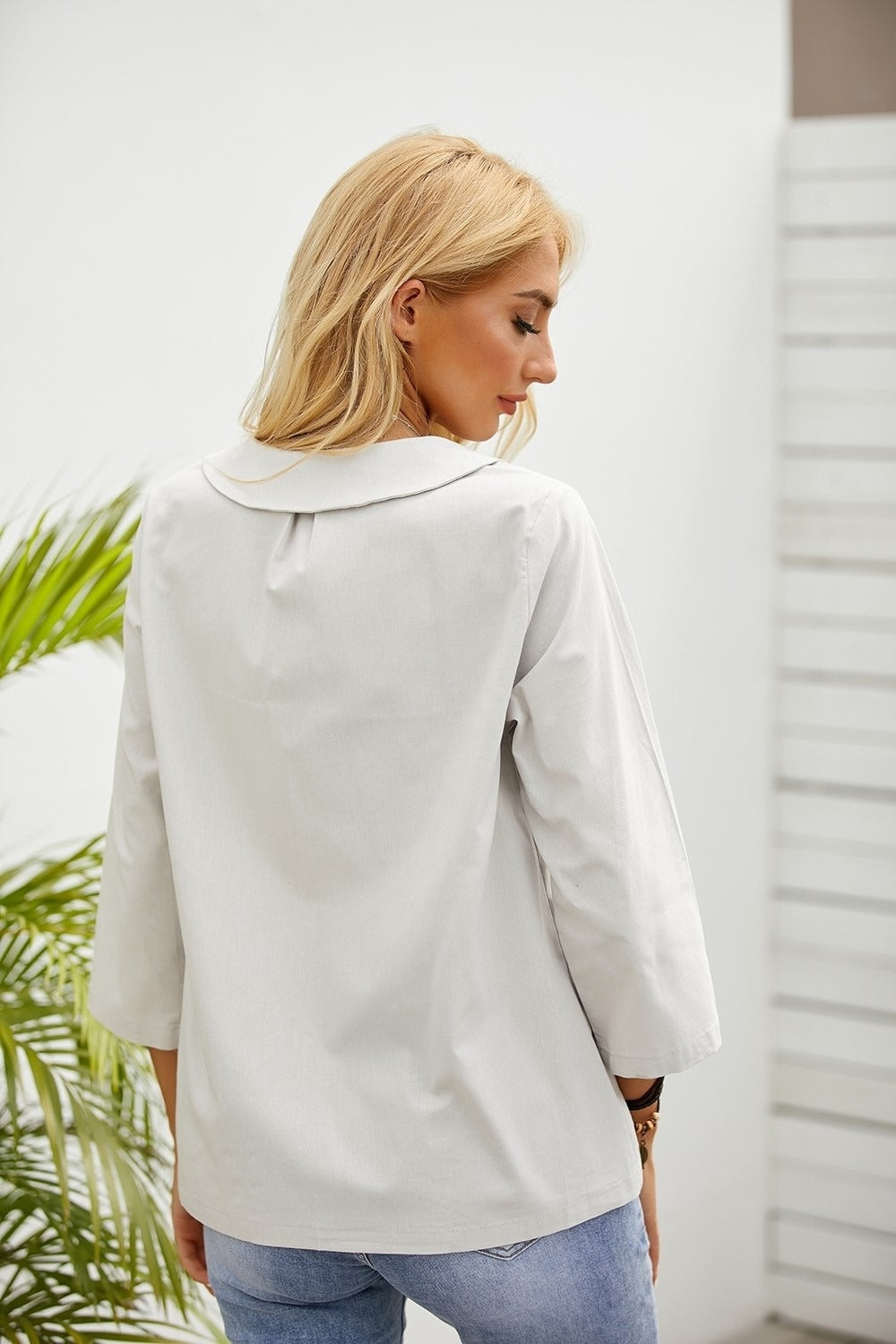 Solid Color Casual Round Neck Long Sleeves Blouse