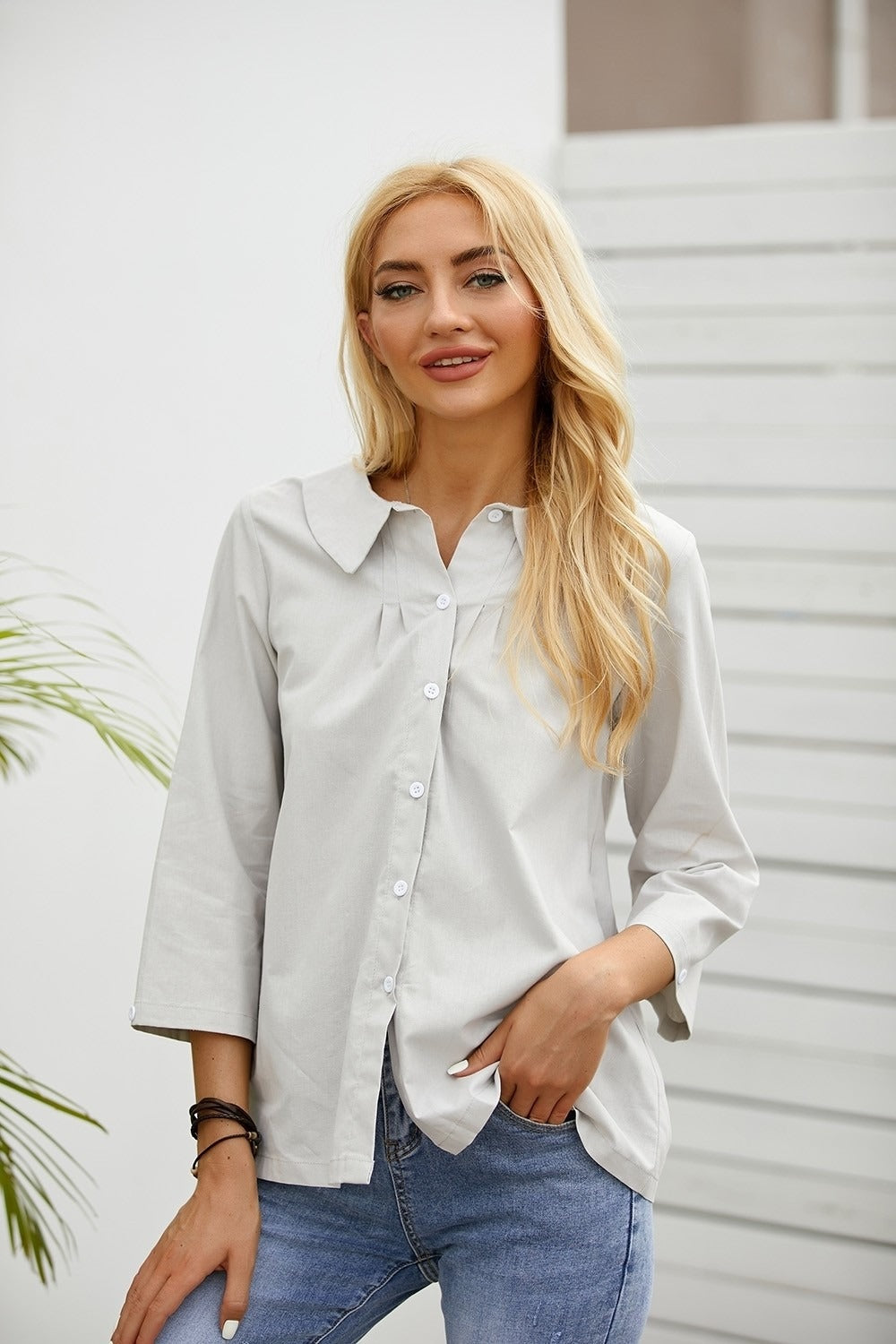 Solid Color Casual Round Neck Long Sleeves Blouse