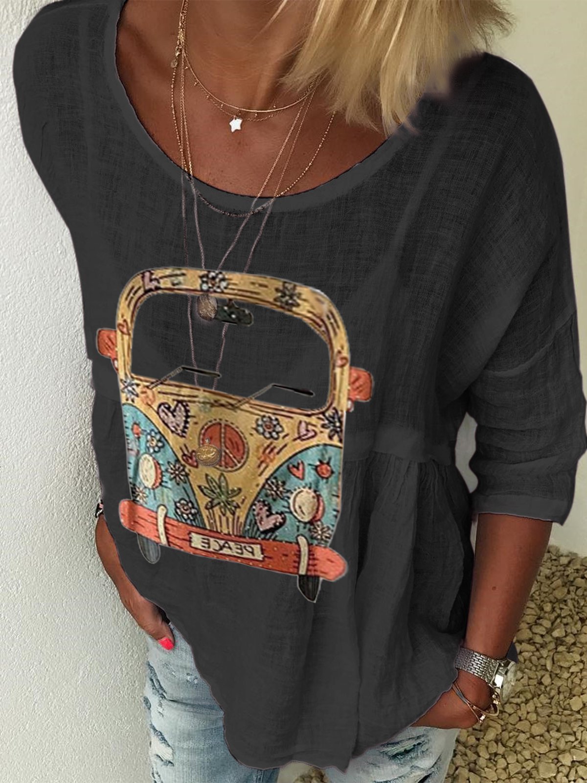 Women's Pattern Print Round Neck Half Sleeves Shirt