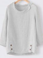 Plain Buttons Round Neck 3/4 Sleeves Blouse