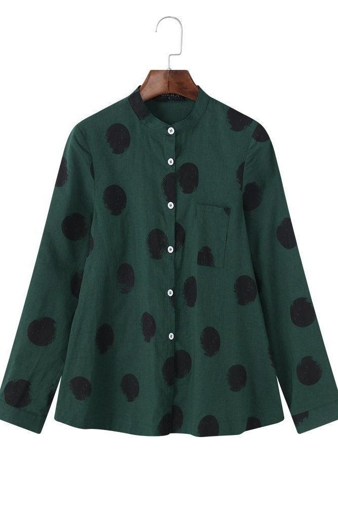 Polka Dot Buttons Stand Collar Long Sleeves Blouse