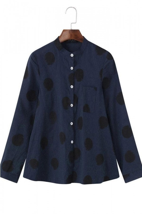 Polka Dot Buttons Stand Collar Long Sleeves Blouse