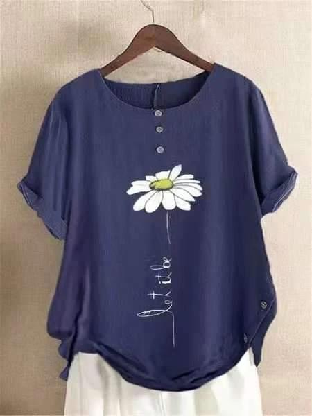 Floral Print Round Neck Short Sleeves Shirts & Tops