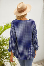 Plaid Casual V-neck Long Sleeves Plus Size Blouse