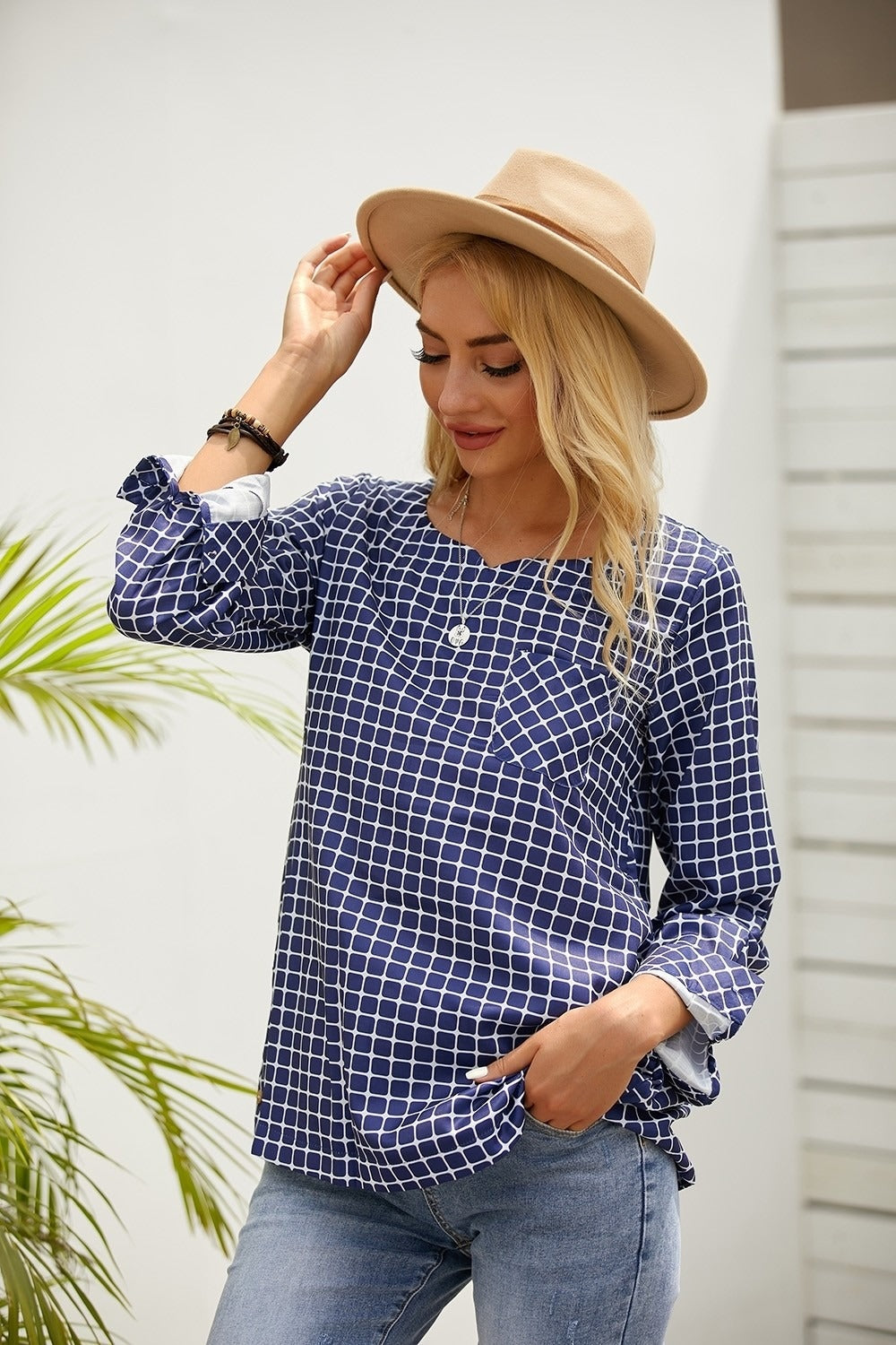 Plaid Casual V-neck Long Sleeves Plus Size Blouse